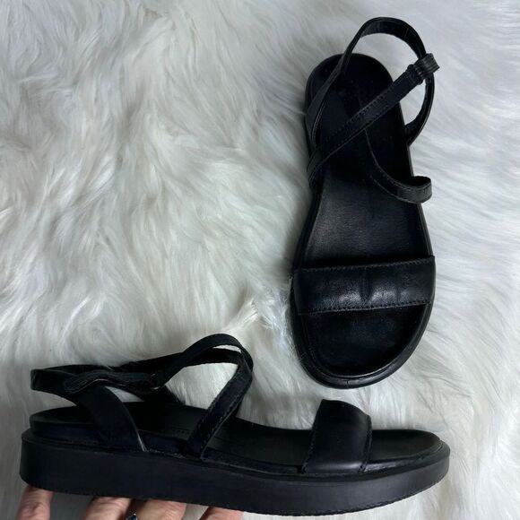Ecco Felicia Black Leather Comfort Wedge Sandals Sz 36/US 5.5 - Picture 1 of 5